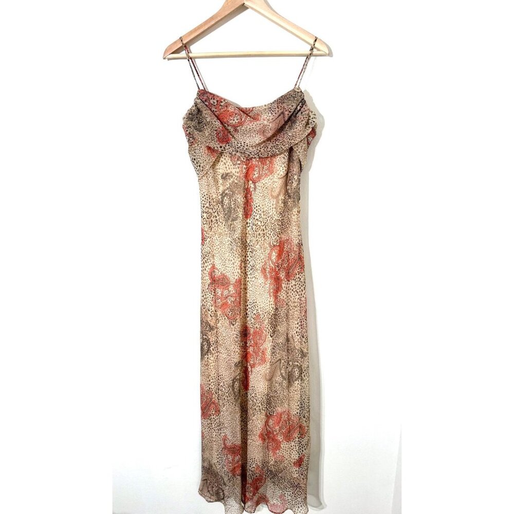 Vtg Y2K Alyn Paige Cheetah Print Paisley Maxi Dress Cowl Neck Chiffon Fairy